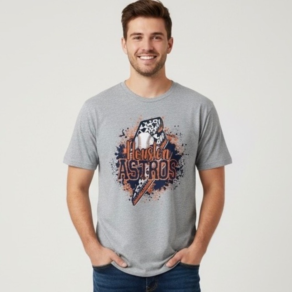 Houston Astros Baseball Lightning Bolt Graphic T Shirt XL Gray Bella Canvas